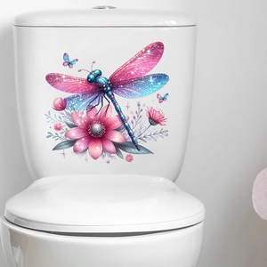 Detail of 3D dragonfly and pink flower waterproof wall sticker on a white ceramic surface