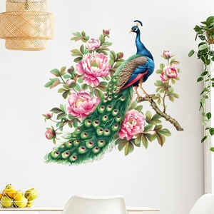 Peacock and pink peony wall sticker displayed on a minimalist white living room wall