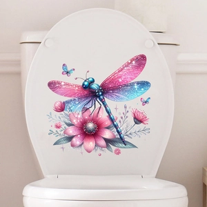 Detail of 3D dragonfly and flower waterproof self-adhesive sticker on white toilet lid