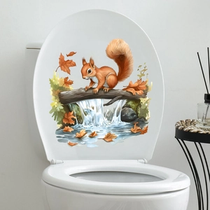 Waterproof self-adhesive toilet lid sticker featuring an autumn squirrel and fall leaves