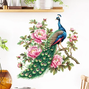 Close-up of vibrant blue peacock and pink peony self-adhesive waterproof wall stickers