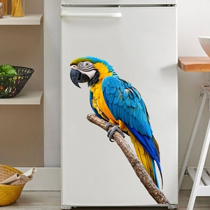 Realistic 3D blue and yellow macaw parrot on tree branch wall sticker for home decor