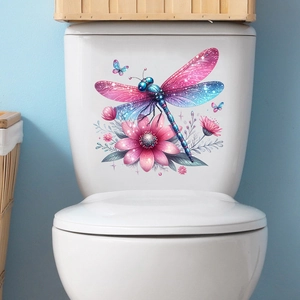 Detail of waterproof 3D floral and dragonfly wall sticker applied to white toilet tank