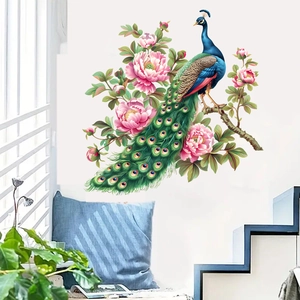 Detail of peacock and peony wall sticker on white wall with home decor accents
