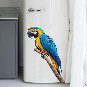 Realistic macaw parrot wall sticker applied on a white refrigerator for home decoration