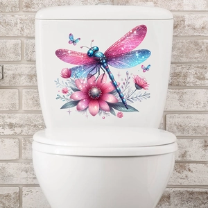 Self-adhesive dragonfly floral wall decal on white ceramic surface for home bathroom decor