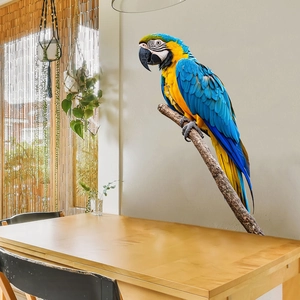 Macro view of realistic blue and yellow parrot wall sticker on a minimalist white wall