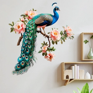 Detail of peacock and peony wall sticker showing vivid colors on a white home wall