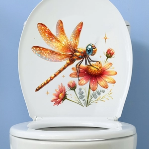 Detail of dragonfly and pink daisy sticker with golden glitter texture on a toilet lid