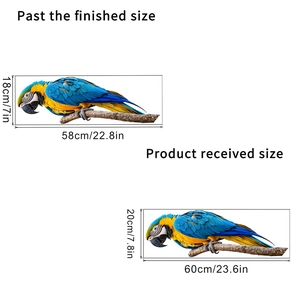 Detailed size specifications for blue and gold macaw parrot branch wall decal stickers