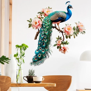 Detailed wall sticker featuring a vibrant peacock on peony branches in a modern living room