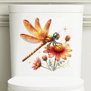 3D dragonfly and pink flower waterproof self-adhesive wall sticker on toilet tank
