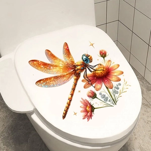 Detail view of 3D dragonfly and pink daisy sticker applied on a white toilet lid cover