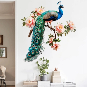 Peacock and peony flower self-adhesive waterproof wall sticker for home living room decor