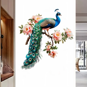 Peacock perched on blooming peony branches waterproof wall sticker in modern room