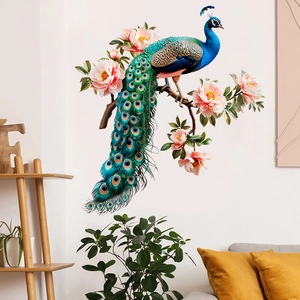 Detail of peacock wall sticker with pink peonies on branch in living room