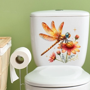 Vibrant 3D dragonfly and flower wall sticker applied on a white ceramic toilet tank