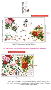 Detailed size chart for Chinese peony flower wall sticker with assembly dimensions