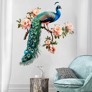 Peacock and pink peony flower wall stickers in a modern living room interior setup