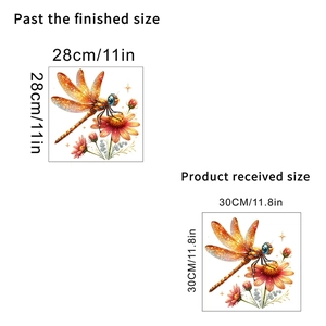 Detail of 3D dragonfly and floral wall sticker showing 28x28cm applied size and dimensions