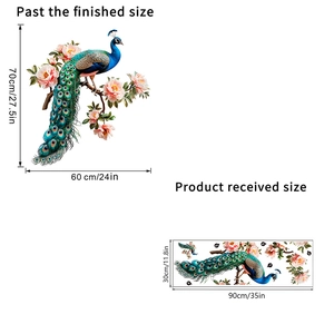 Detail view of peacock and peony wall sticker showing layout and finished dimensions