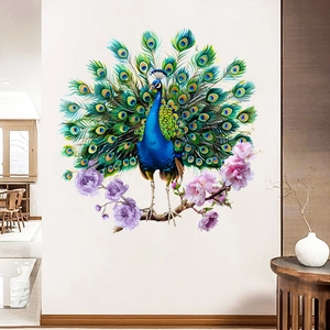 Elegant peacock perched on floral branches waterproof wall sticker for home decor
