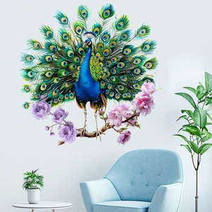 Detailed Peacock and Peony Wall Decal on floral branch for living room wall decoration