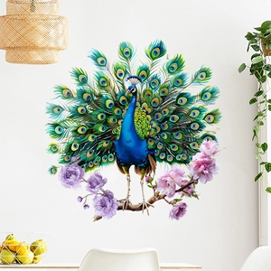 Peacock and peony waterproof wall stickers set against a minimalist white wall background