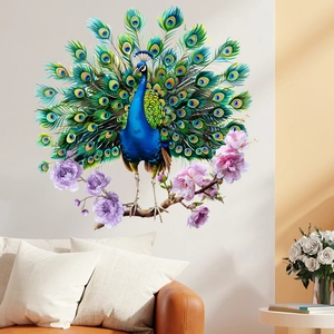 Detail of vibrant blue peacock and pink peony self-adhesive waterproof wall stickers