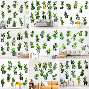 Detail shots of 3D green potted plant wall stickers in various home decor settings