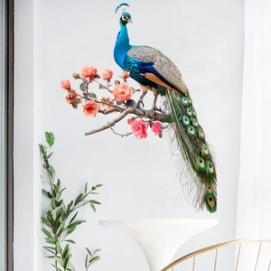 Detailed wall decal featuring a vibrant blue peacock on blooming floral branches