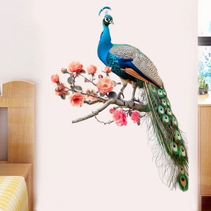Detailed wall sticker featuring a vibrant blue peacock and pink flowers on a branch