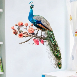 Close-up of elegant blue peacock and blooming roses on self-adhesive floral wall sticker
