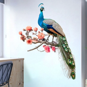 Detailed peacock wall sticker with colorful feathers and blooming flowers on white wall