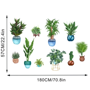 Detail showing dimensions of 3D watercolor potted plants wall decals for home decoration