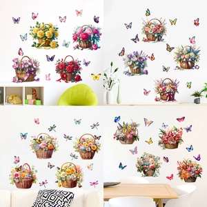 Self Adhesive Waterproof PVC Wall Sticker Flower Basket Butterfly Dragonfly Decal For Living Room Bedroom Home Wall Decor