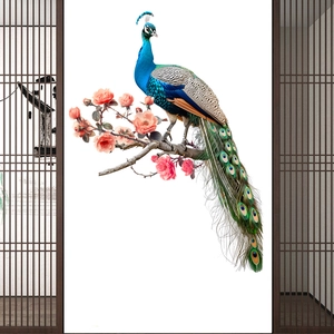 Detail of peacock on flower branch wall sticker showing intricate textures and vibrant colors