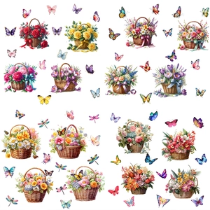 Waterproof floral wall stickers with colorful roses, butterflies and dragonflies in 12-grid layout