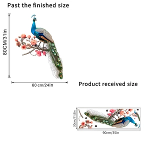 Detailed size chart for peacock and peony flower self-adhesive waterproof wall stickers