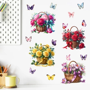 Self-adhesive waterproof watercolor flower basket wall stickers with butterflies for home decor