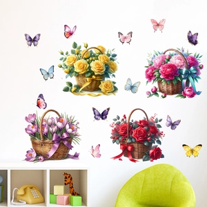 Detail of waterproof self-adhesive wall decals with floral baskets and colorful butterflies
