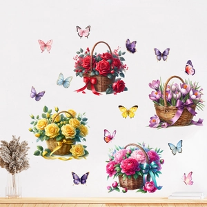 Detail of floral wall stickers with baskets of roses and peonies and colorful butterflies