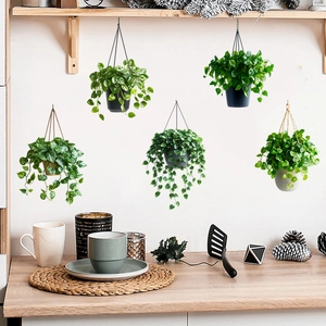 Sticker Mural en PVC Panier Suspendu Plante Verte Pot Imperméable Auto-adhésif Style Nordique Décoration Maison pour Salon