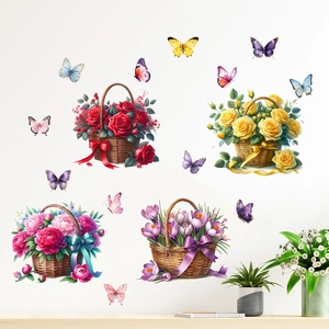 Detail of floral wall stickers with watercolor flower baskets and colorful butterflies