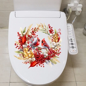 Christmas bird wreath toilet seat sticker featuring red cardinals and winter berries