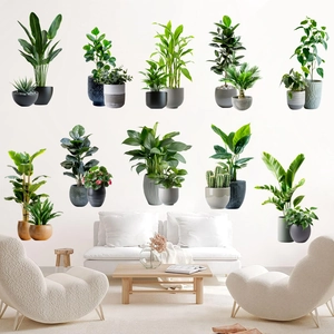 Detailed close-up showing various 3D green plant wall stickers for modern home decor