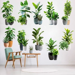 Detailed view of 3D green plant wall stickers featuring monstera and potted plant decals