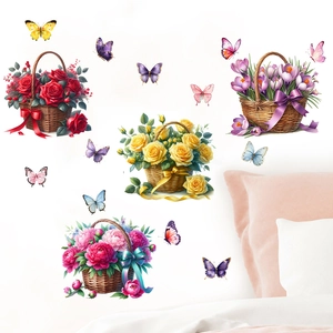 Detail of waterproof PVC wall stickers featuring floral baskets and colorful butterflies