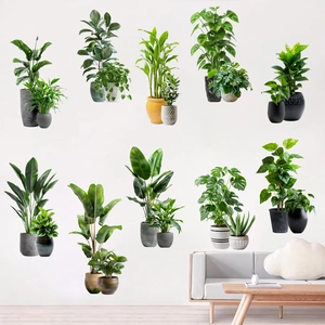 Detail view of 3D green plant wall stickers with various realistic potted plant designs