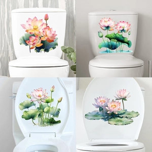 Sticker de Couvercle de Toilettes Imperméable en PVC Fleur de Lotus et Feuille Auto Adhésif Mural Salle de Bain Moderne